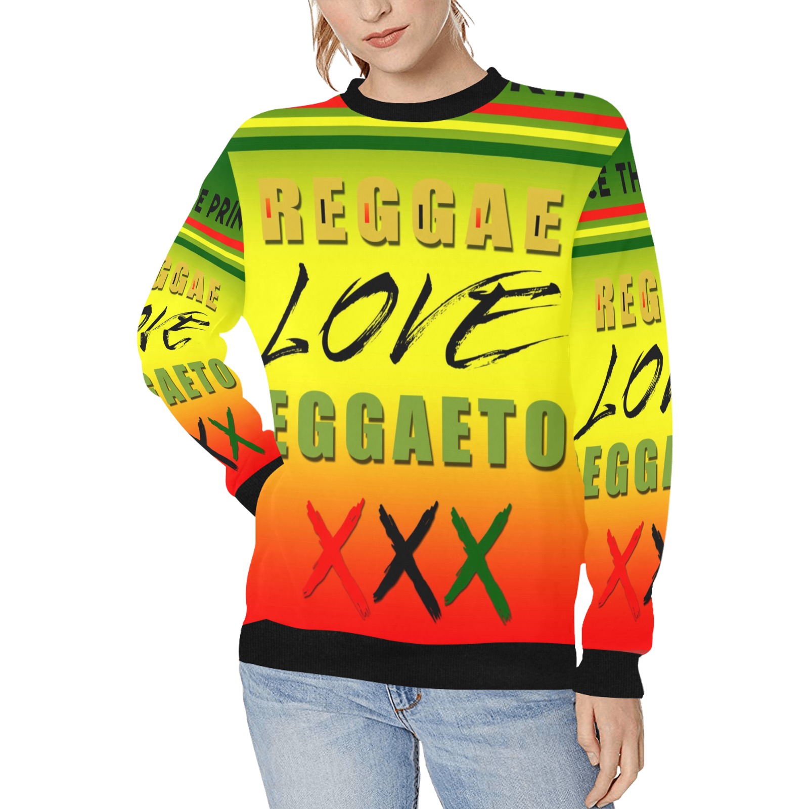 VTP Reggae Love Reggaeton Women's Rib Cuff Crew Neck Sweatshirt (Model H34)