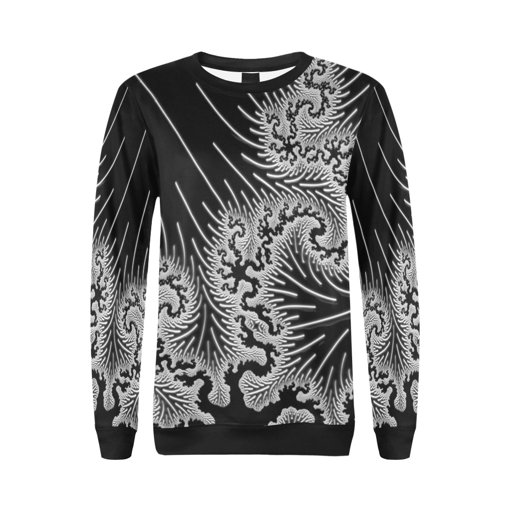 White and Silver Lace on Black Fractal Abstract All Over Print Crewneck Sweatshirt for Women (Model H18)