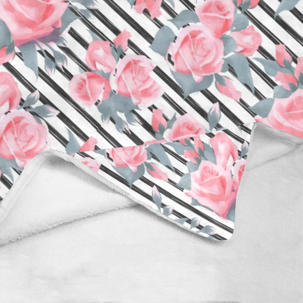Pink Rose Bouquet on Black Stripes Ultra-Soft Micro Fleece Blanket 60"x80"