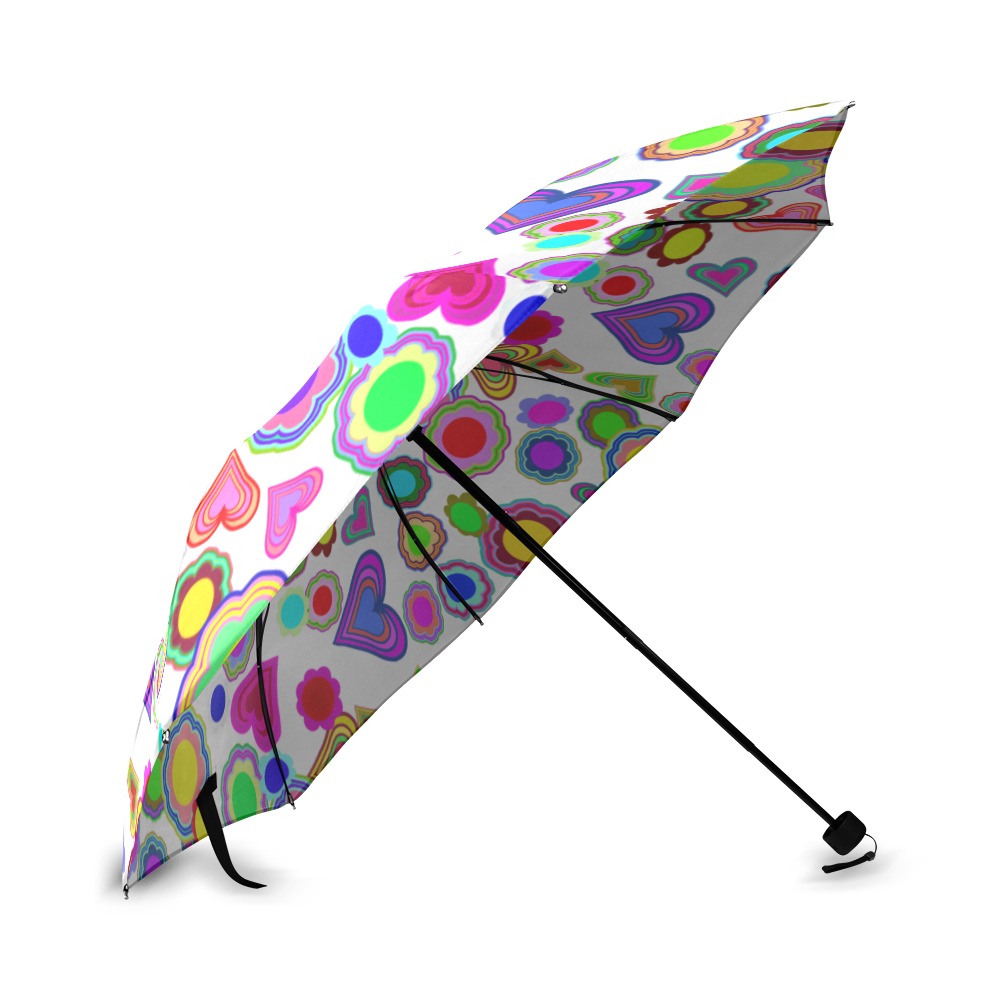 Groovy Hearts and Flowers White Foldable Umbrella (Model U01)