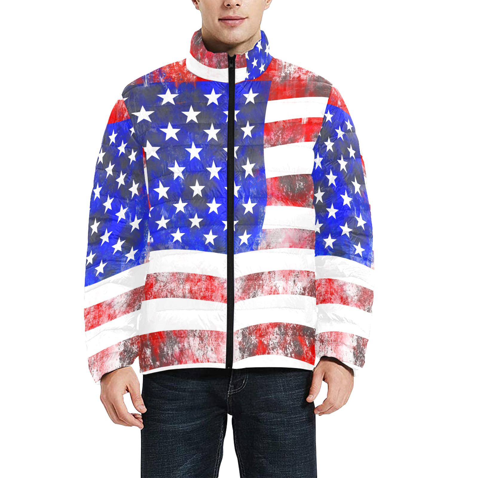 Extreme Grunge American Flag of the USA Men's Stand Collar Padded Jacket (Model H41)