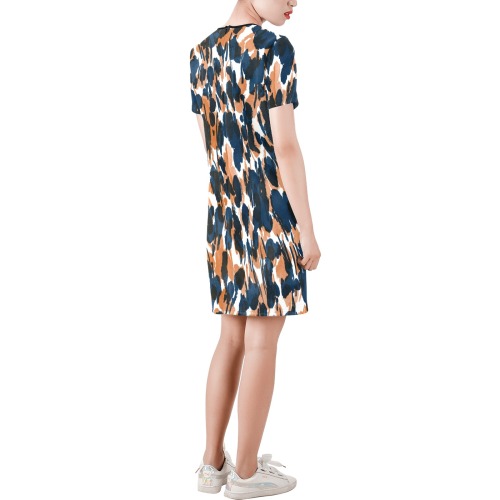Dots brushstrokes animal print Short-Sleeve Round Neck A-Line Dress (Model D47)