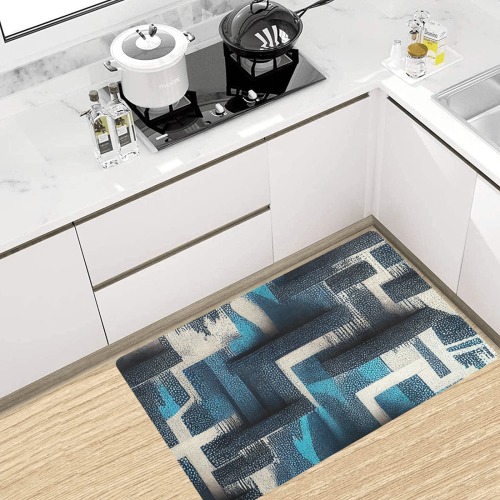 blue, white and black abstract pattern Kitchen Mat 32"x20"
