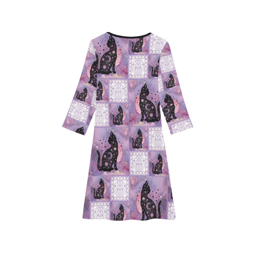 Purple Cosmic Cats Patchwork Pattern Girls' Long Sleeve Dress (Model D59)