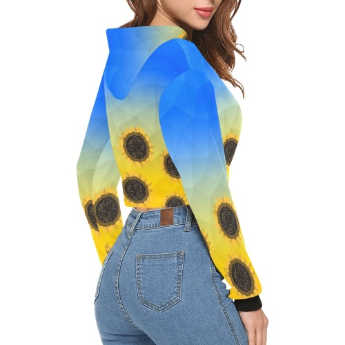 Ukraine yellow blue geometric mesh pattern Sunflowers All Over Print Crop Hoodie for Women (Model H22)