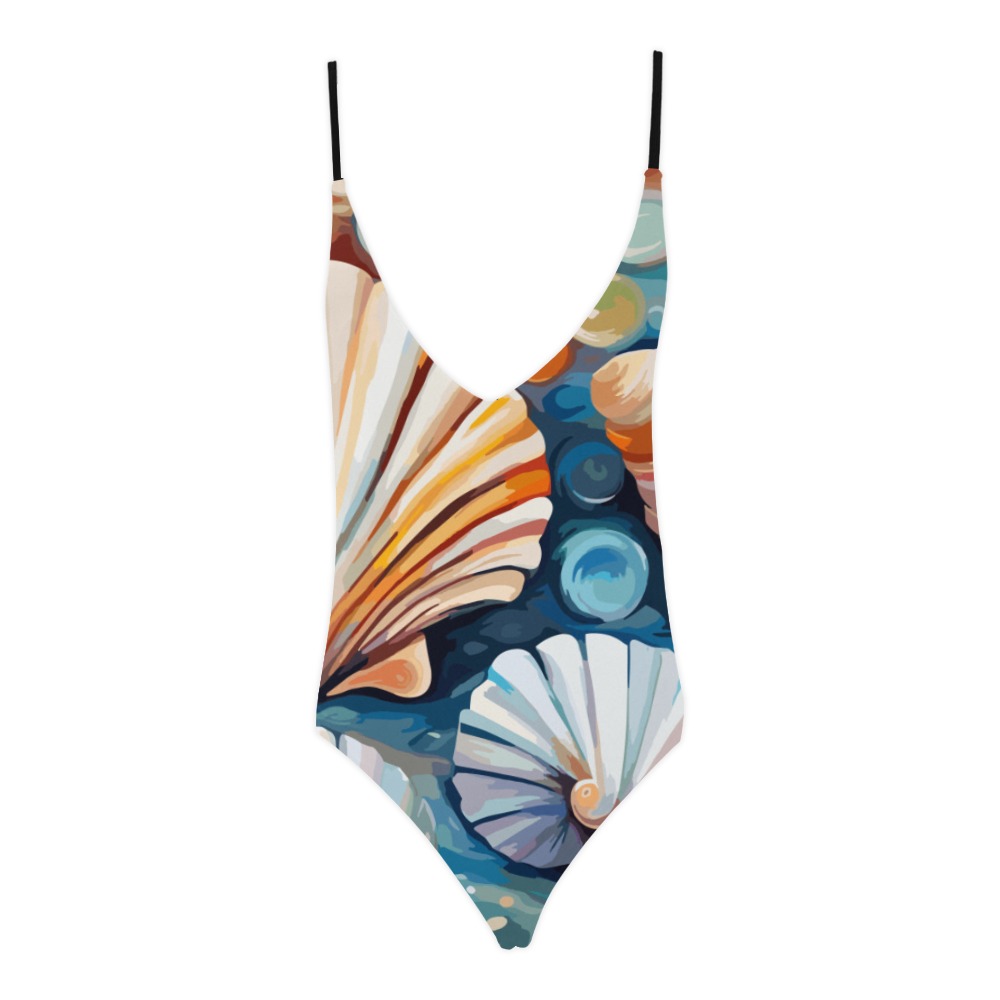 Fantasy shells, conches, pearls, colorful art. Sexy Lacing Backless One-Piece Swimsuit (Model S10)