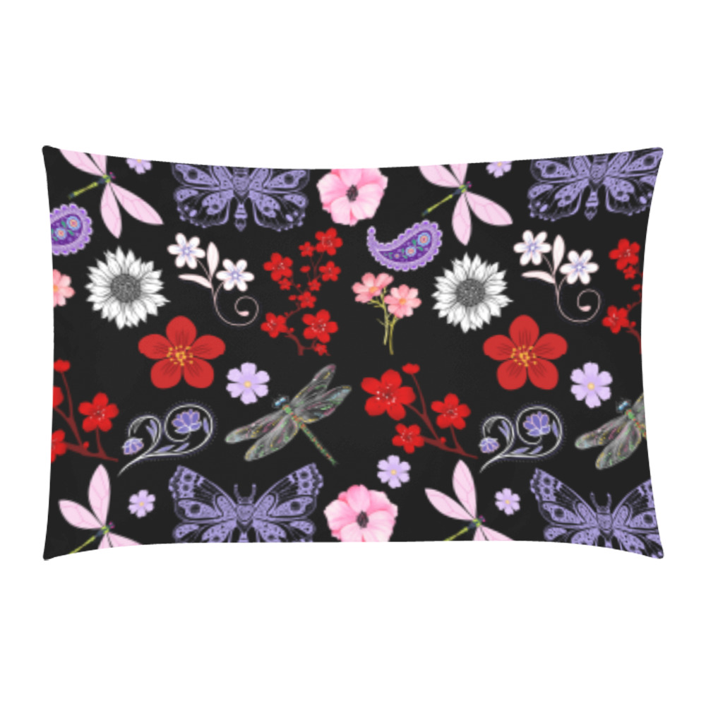 Black, Red, Pink, Purple, Dragonflies, Butterfly and Flowers Design 3-Piece Bedding Set
