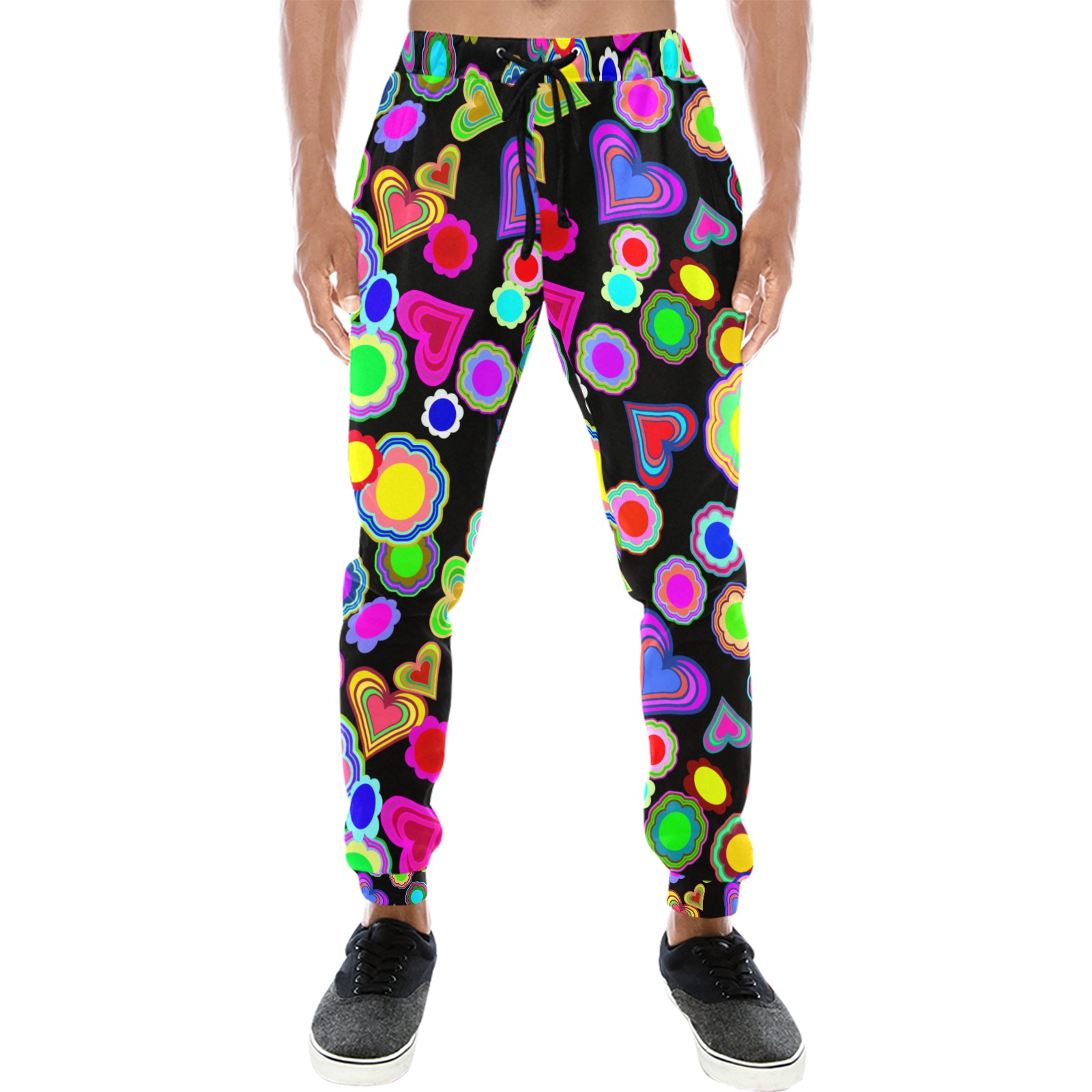 Groovy Hearts and Flowers Black Unisex Casual Sweatpants (Model L11)