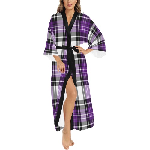 Purple Black Plaid Long Kimono Robe