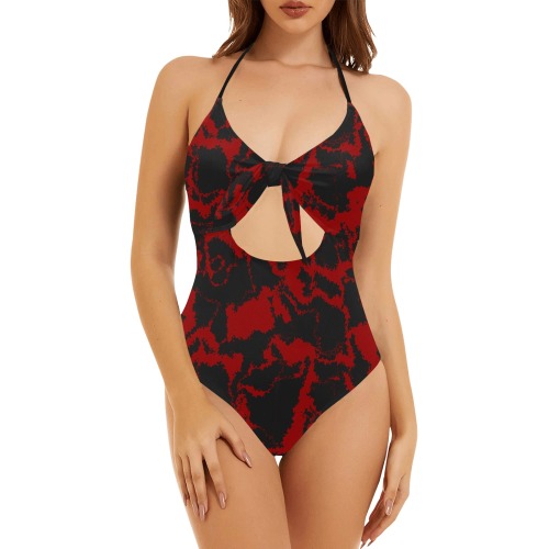 Charcoal and Red Backless Hollow Out Bow Tie Swimsuit (Model S17)