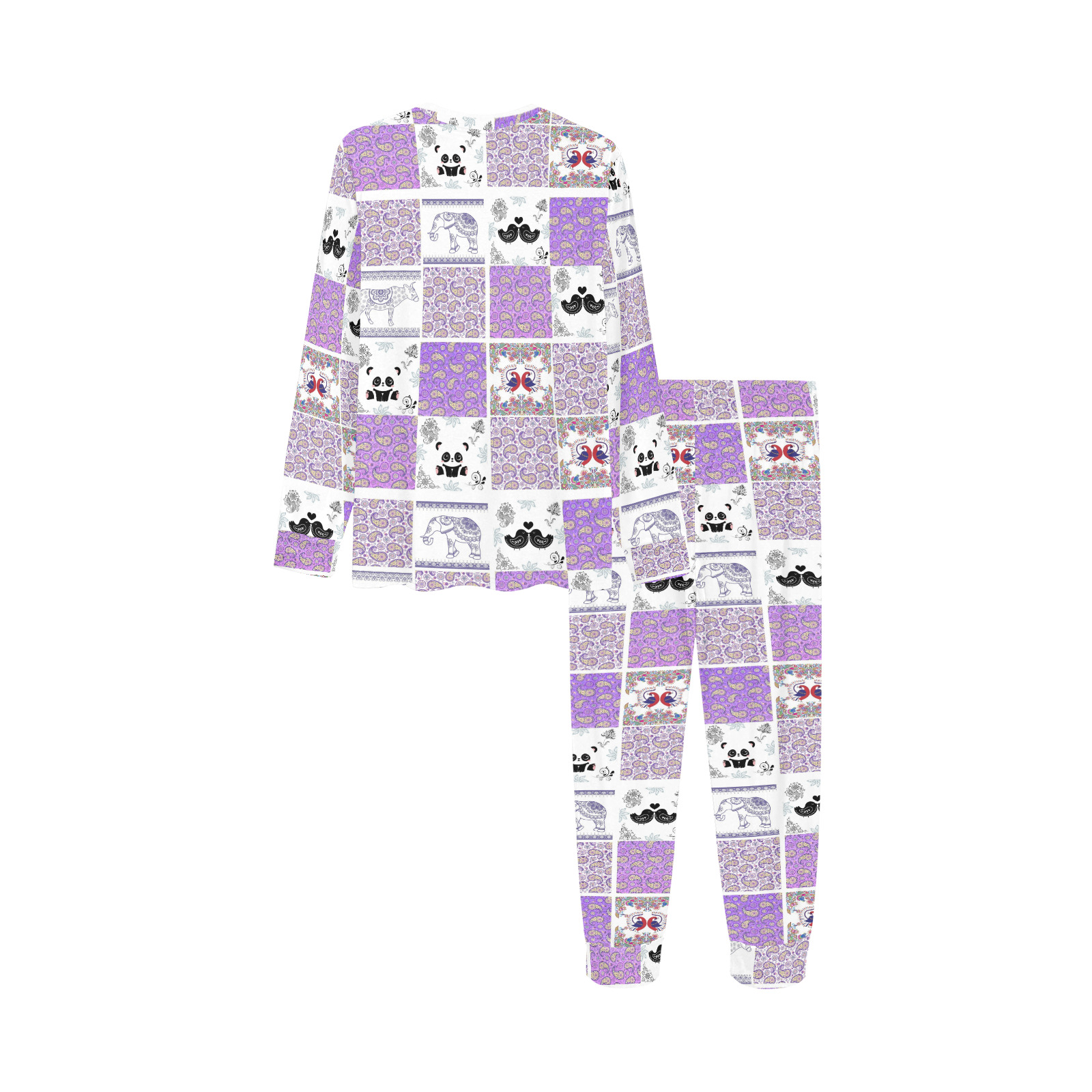 Purple Paisley Birds and Animals Patchwork Design Kids' All Over Print Pajama Set