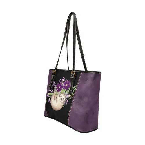 Purple flower Sloth Leather tote Leather Tote Bag/Large (Model 1640)
