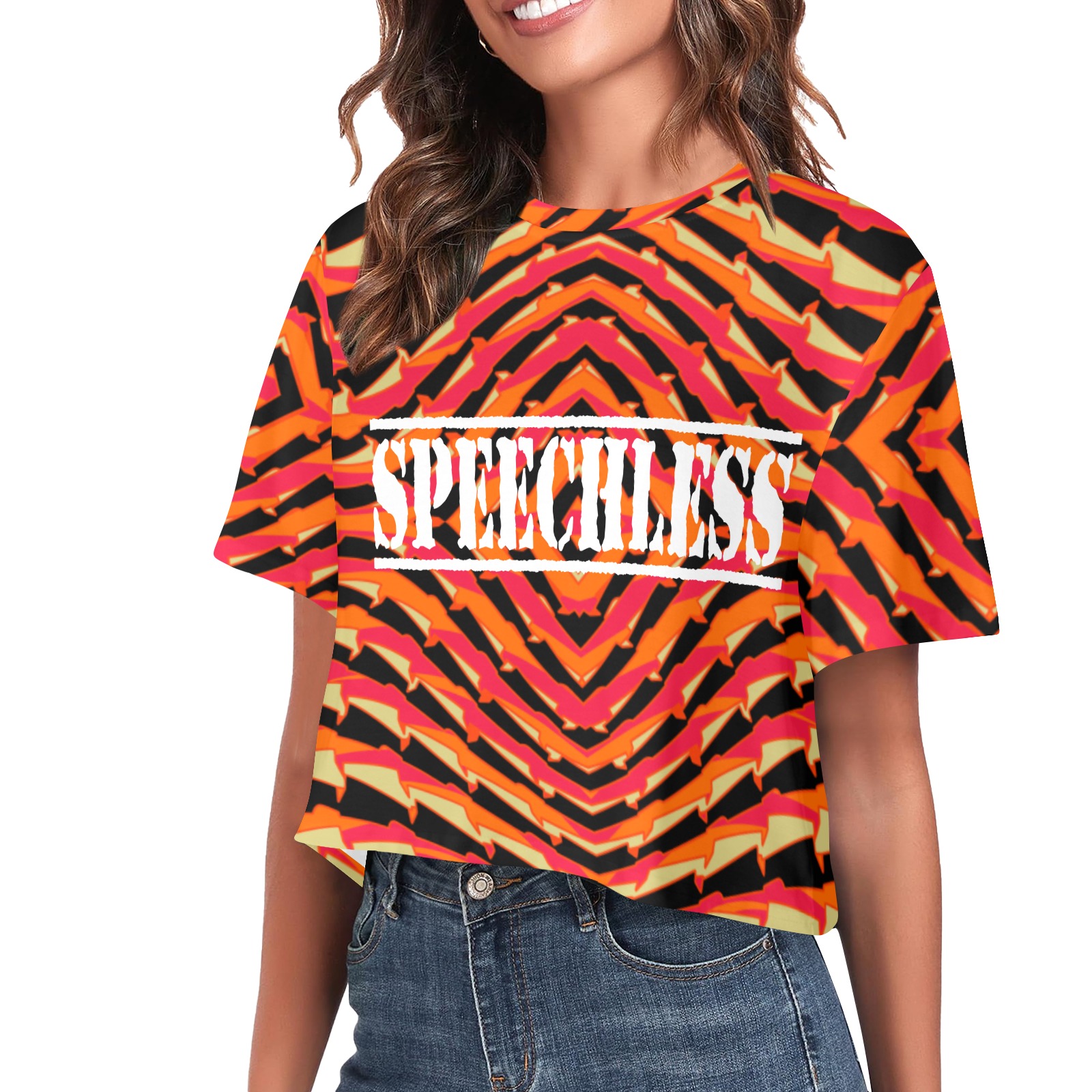 Retro geometrical orange fucsia black & cream Women's Cropped T-shirt (Model T80)