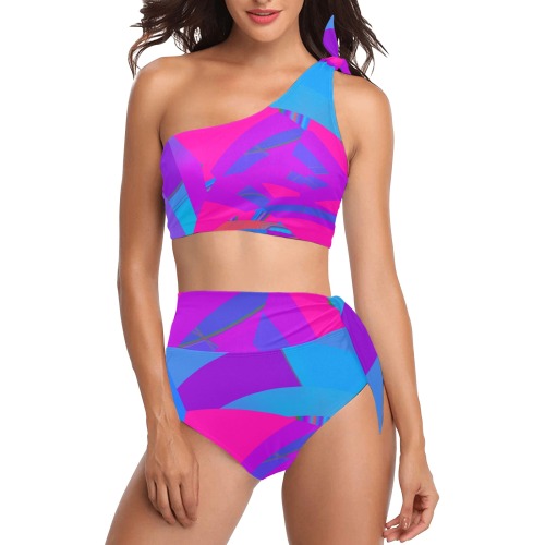 Bright Blue Pink Abstract High Waisted One Shoulder Bikini Set (Model S16)
