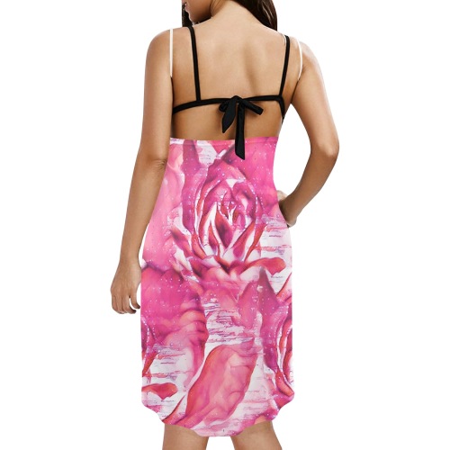 Sweet Summer Roses Spaghetti Strap Backless Beach Cover Up Dress (Model D65)