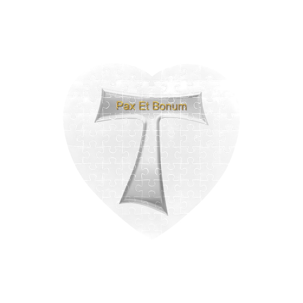 Franciscan Tau Cross Pax Et Bonum Silver Metallic Heart-Shaped Jigsaw Puzzle (Set of 75 Pieces)