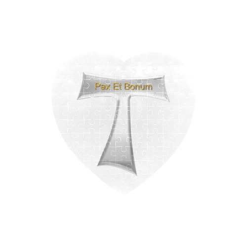 Franciscan Tau Cross Pax Et Bonum Silver Metallic Heart-Shaped Jigsaw Puzzle (Set of 75 Pieces)