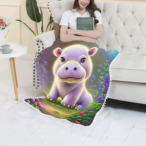 Baby Hippo Pom Pom Fringe Blanket 30"x40"