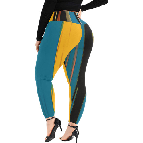 Black Turquoise And Orange Go! Abstract Art Women's Extra Plus Size High Waist Leggings (Model L45)