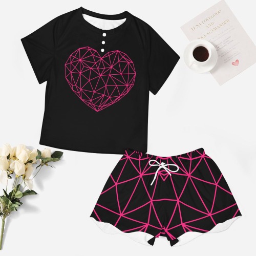 Fuchsia Geodesic Heart on Black Women's Mid-Length Shorts Pajama Set