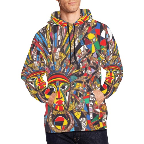 Abstract African mask with feathers colorful art. All Over Print Hoodie for Men (USA Size) (Model H13)