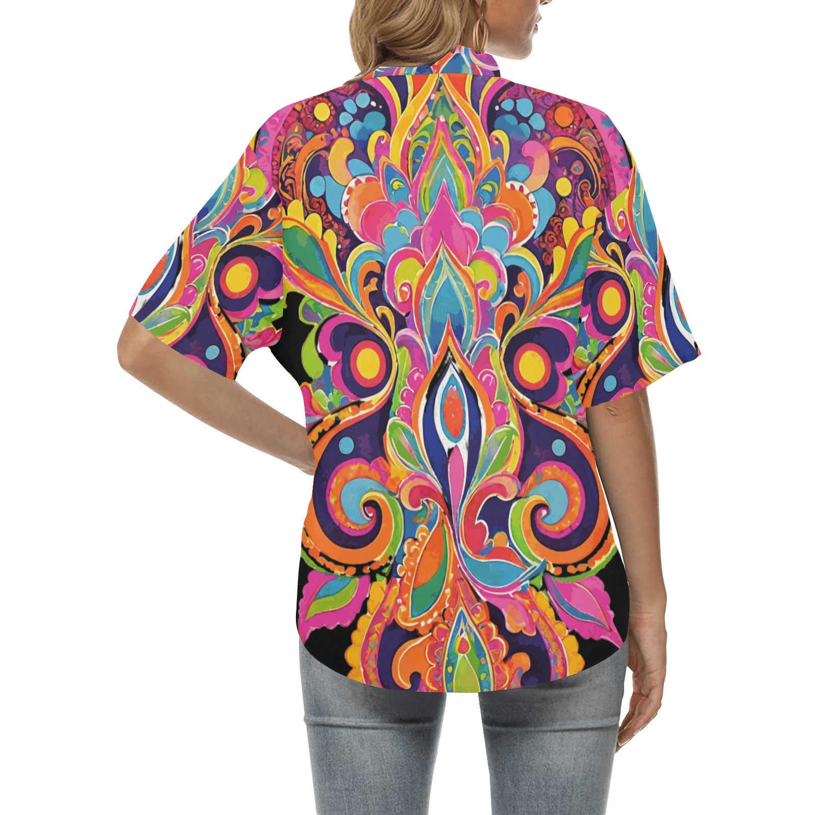Abstract Retro Hippie Paisley Floral All Over Print Hawaiian Shirt for Women (Model T58)