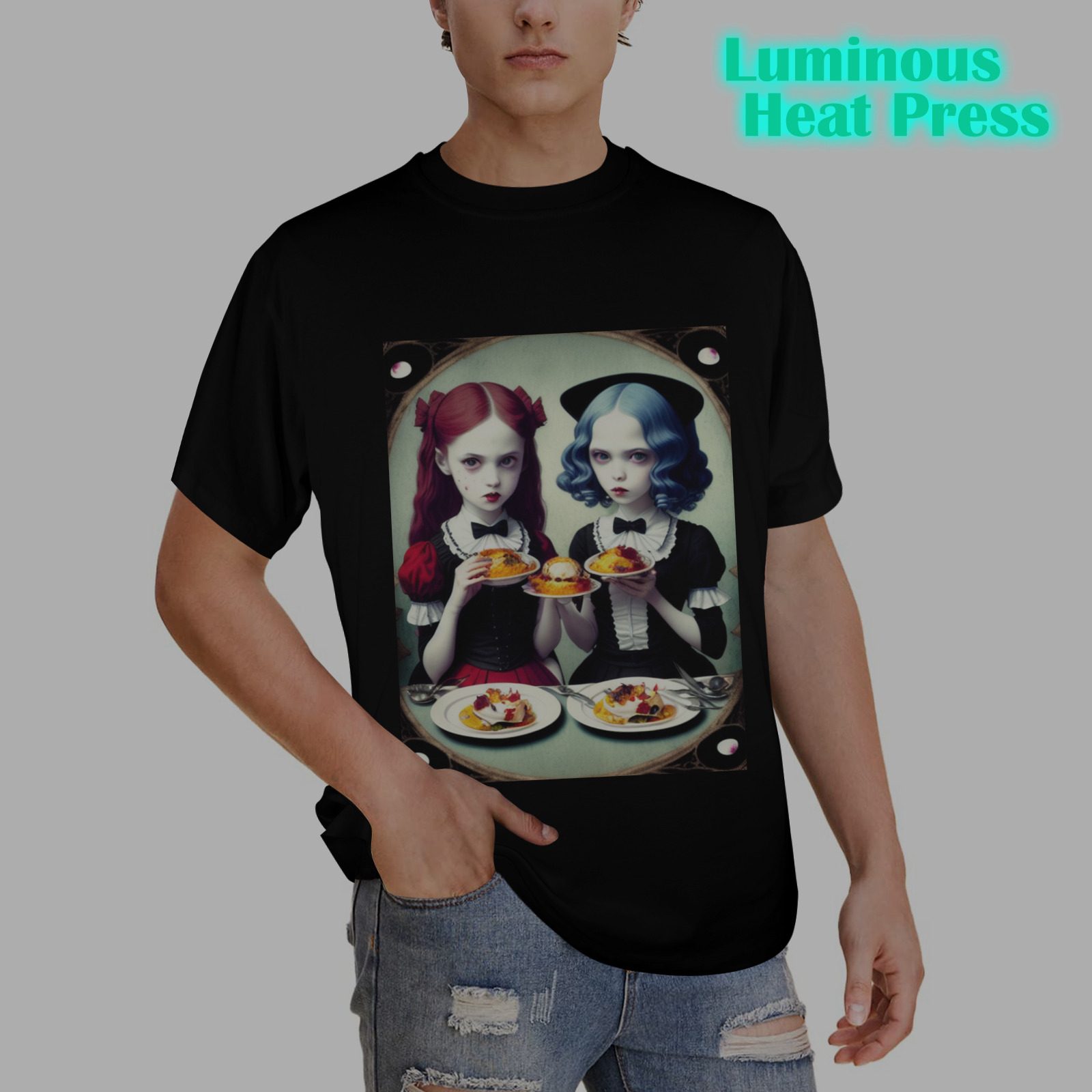 cute adorable gothic girls eating 7 Men's Glow in the Dark T-shirt (Front Printing)