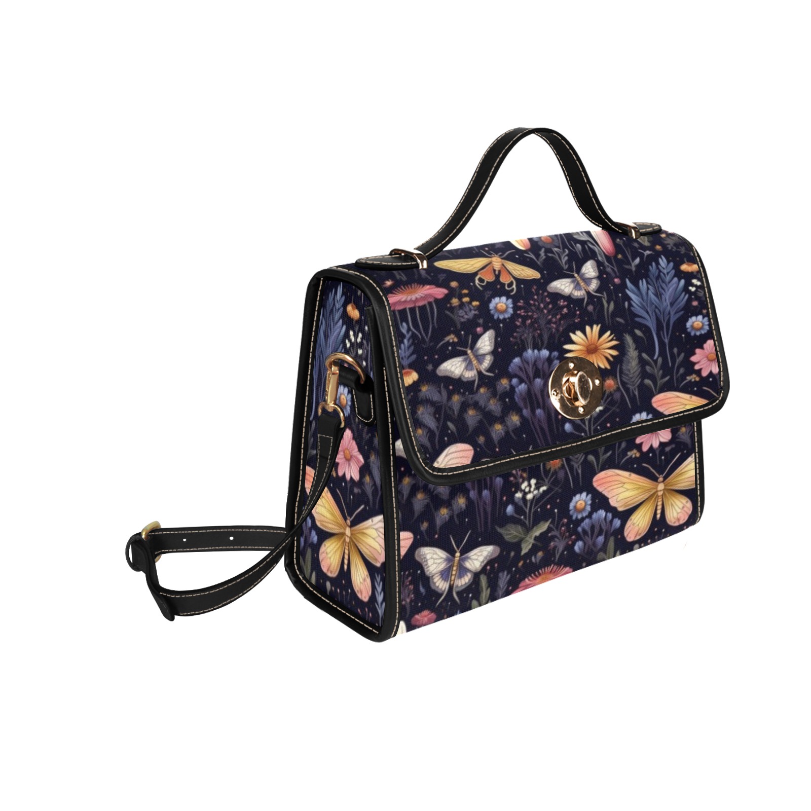 Cottagecore Floral Shoulder Satchel Bag (ACCB1C) Waterproof Canvas Bag-Black (All Over Print) (Model 1641)