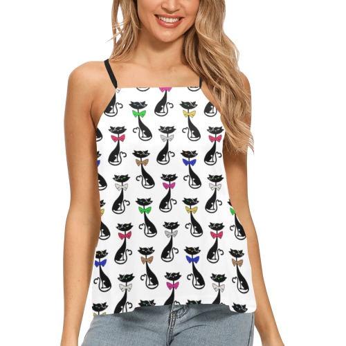 Black Cats Wearing Bow Ties Loose Fit Halter Neck Top (Model T68)