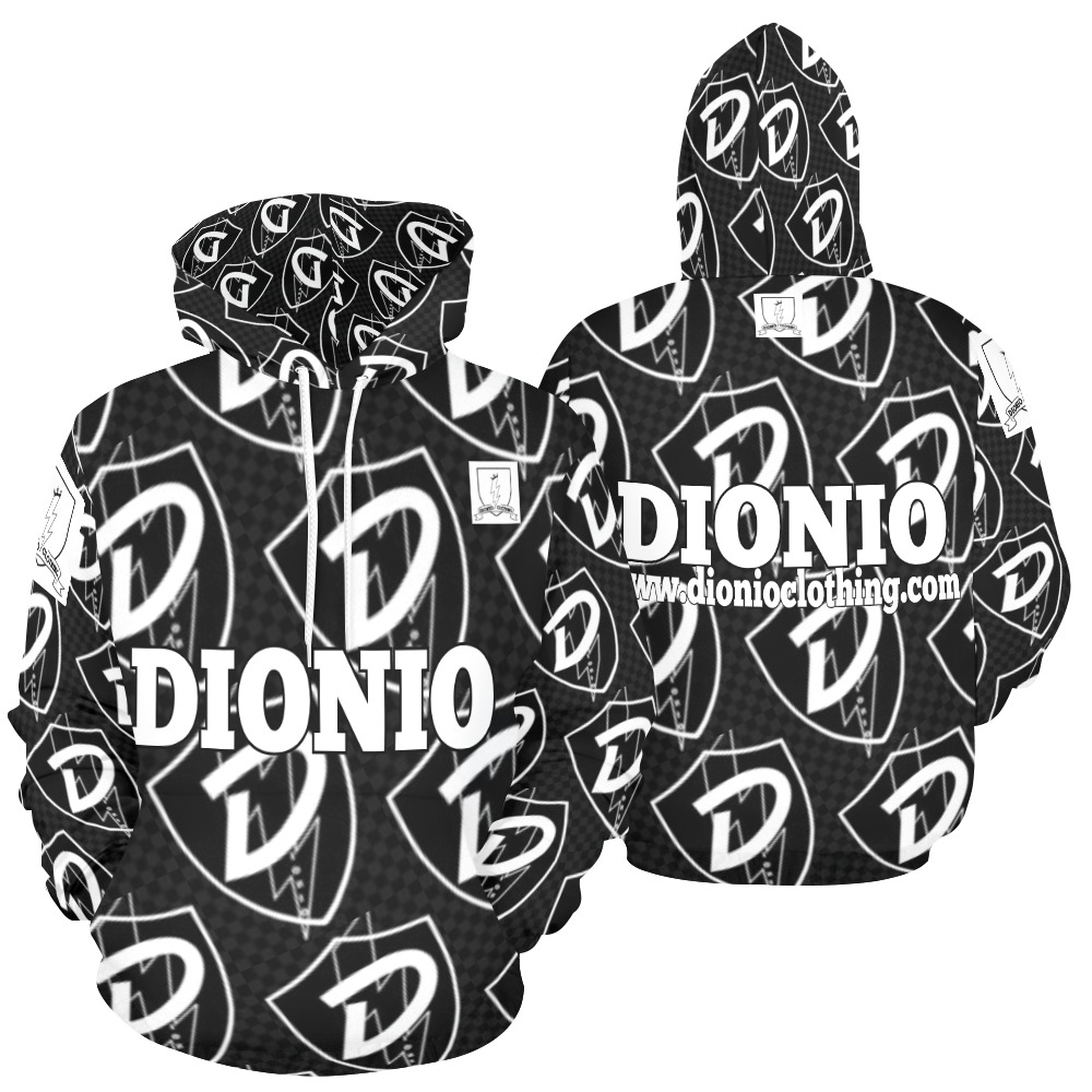 DIONIO Clothing - Black & White Repeat Grand Prix D Shield Hoodie (D Shield Logos) All Over Print Hoodie for Men (USA Size) (Model H13)
