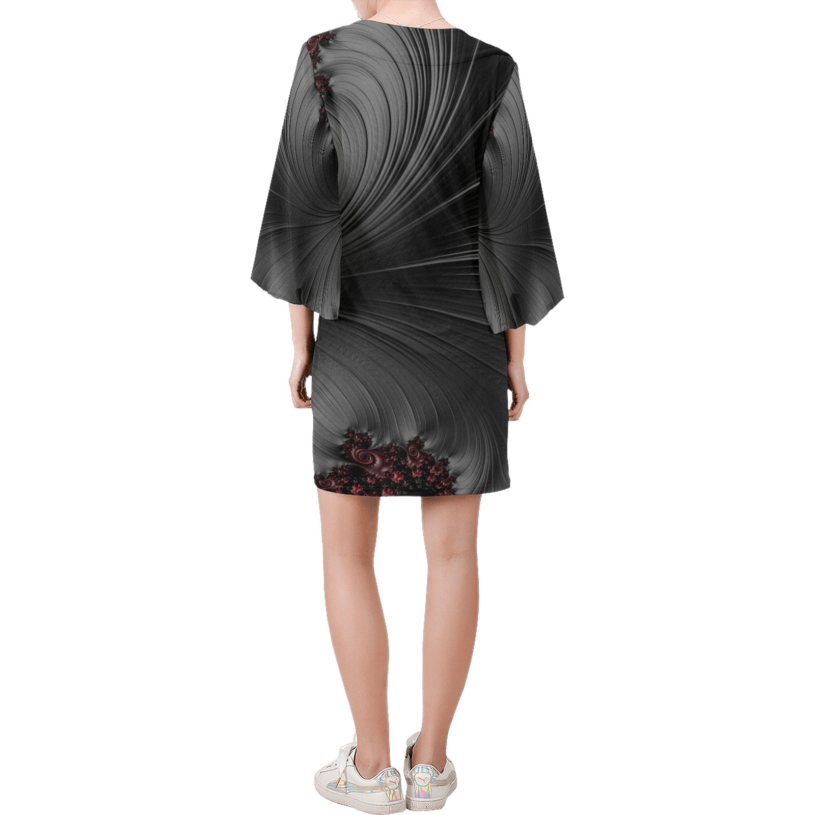Black and Maroon Fern Fronds Fractal Abstract Bell Sleeve Dress (Model D52)