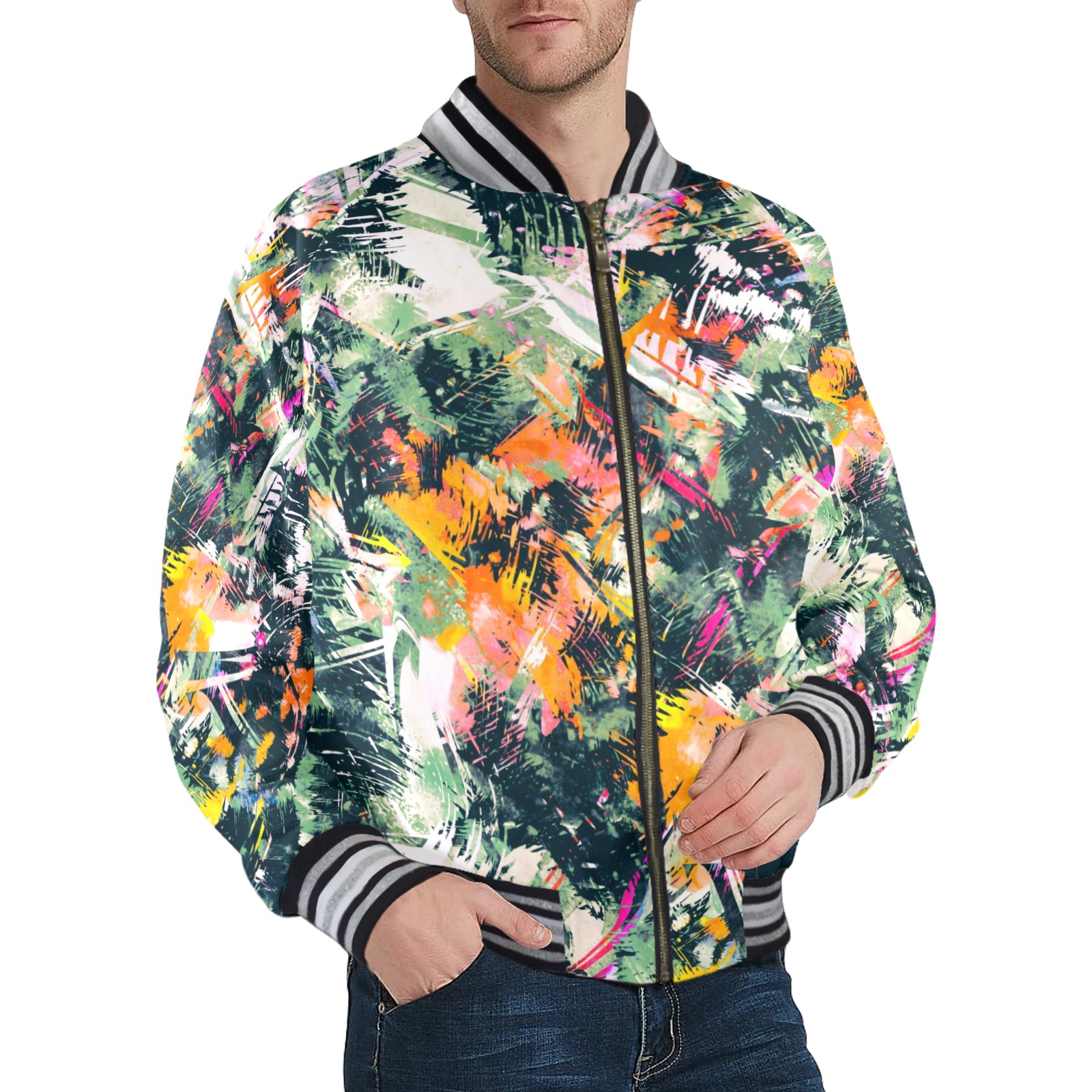Colorful abstract brush strokes texture-0078 Men's Striped Trim Bomber Jacket (Model H21)