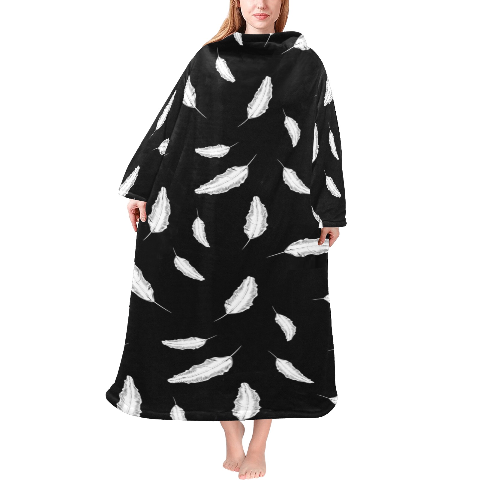 White Feathers Blanket Robe with Sleeves for Adults