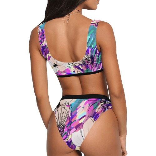 Lilac and White Poppies Sport Top & High-Waisted Bikini Swimsuit (Model S07)