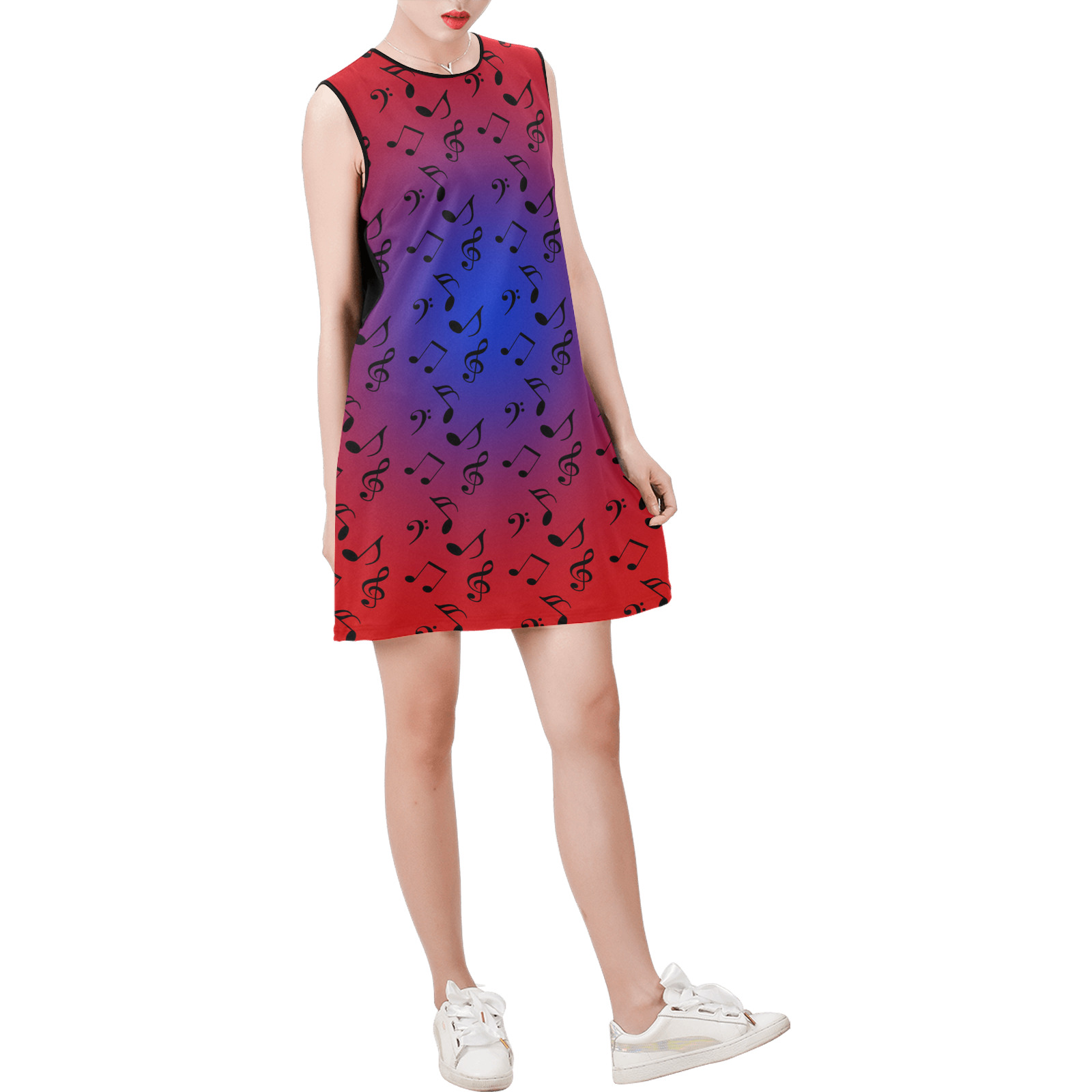 red music blue moon Sleeveless Round Neck Shift Dress (Model D51)