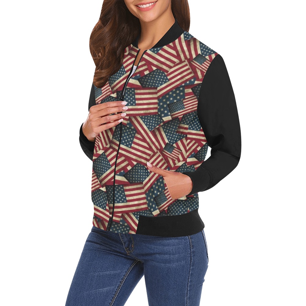 Patriotic USA American Flag Art Vest Style All Over Print Bomber Jacket for Women (Model H19)