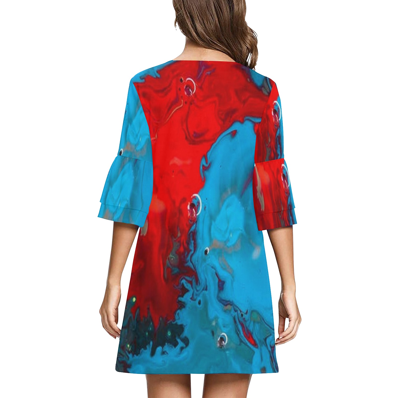 Abstract Oil Painting Half Sleeves V-Neck Mini Dress (Model D63)