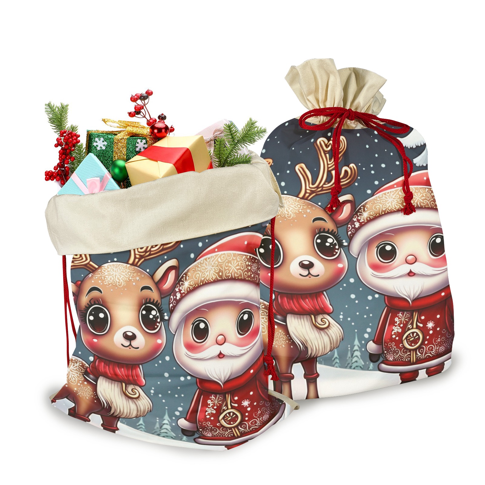 Santa and Reindeer Santa Claus Drawstring Bag 21"x32" (Two Sides Printing)