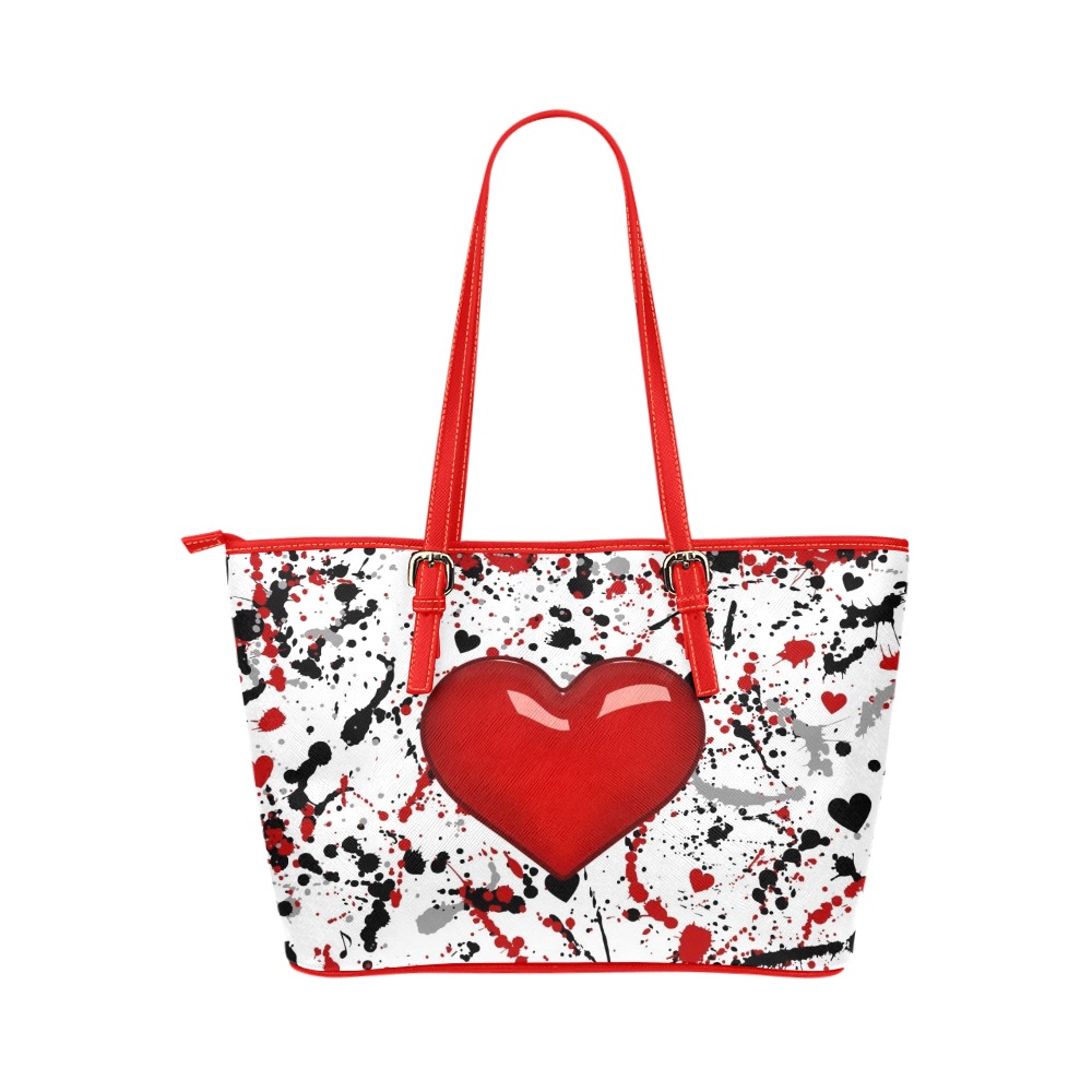 Heart Paint Splatter Fashionable Double Sided Red PU Leather Tote Handbag! Leather Tote Bag/Small (Model 1651)