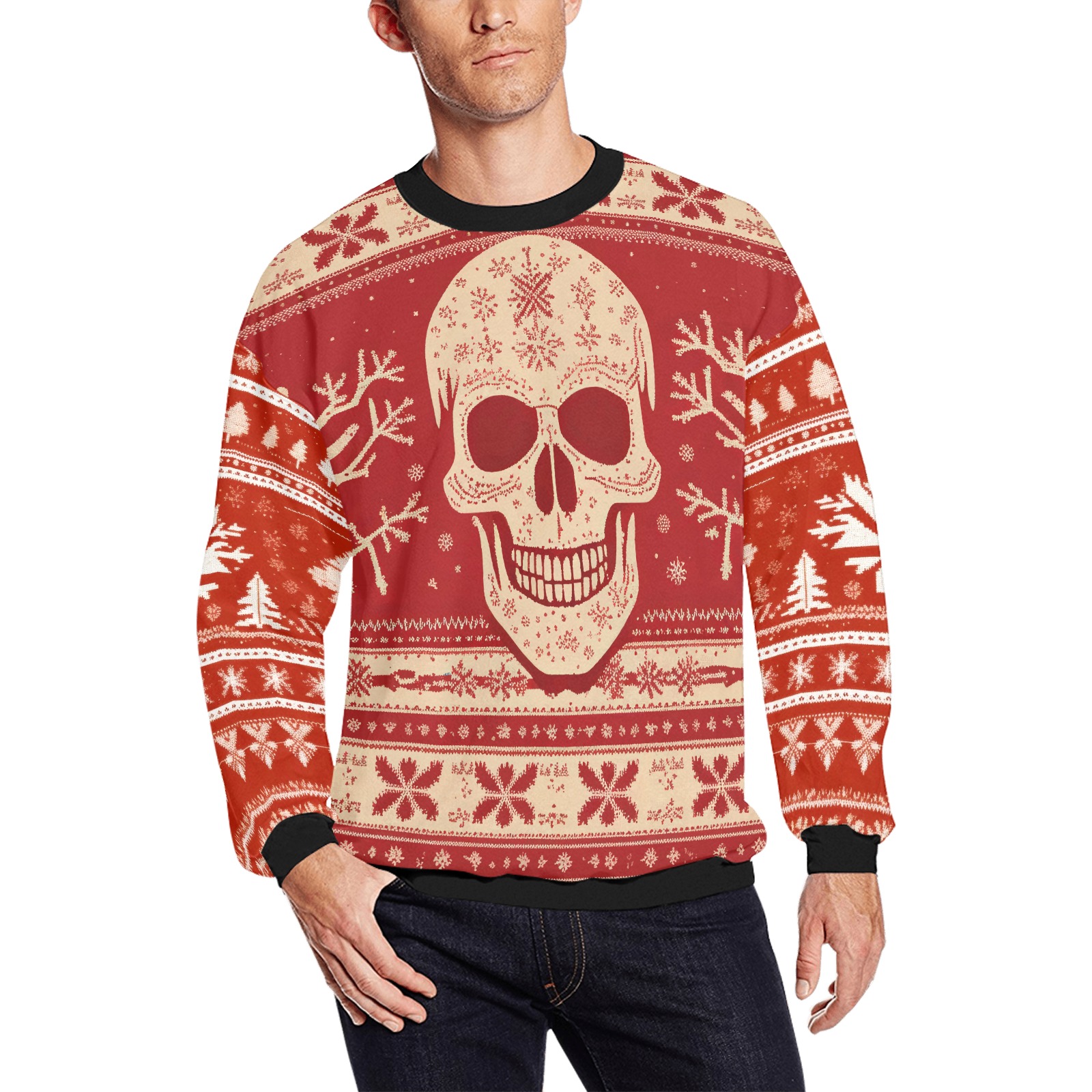 Red and beige fantasy pattern of skull and snow. Men's Oversized Fleece Crew Sweatshirt (Model H18)