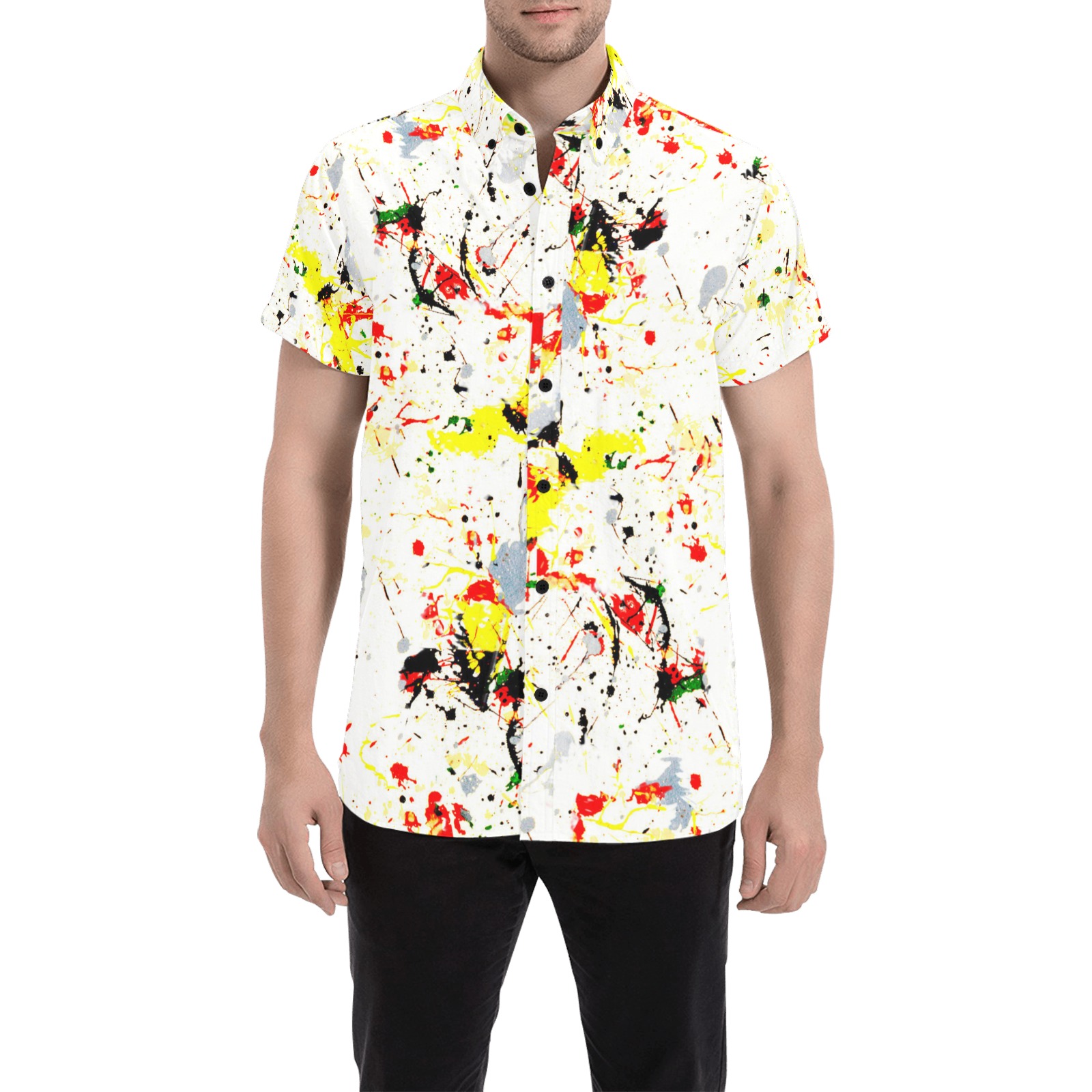 Yellow, Red, Black Paint Splatter Men's All Over Print Short Sleeve Shirt (Model T53)