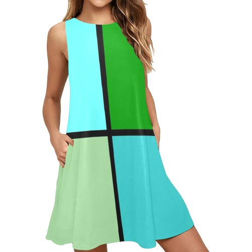 Beachy Blue and Green Squares Sleeveless A-Line Pocket Dress (Model D57)