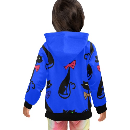 Black Cat with Bow Ties / Blue Little Girls' Zip Up Hoodie (Model H58)