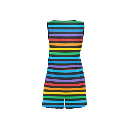 Rainbow Stripe on Black Background All Over Print Short Jumpsuit