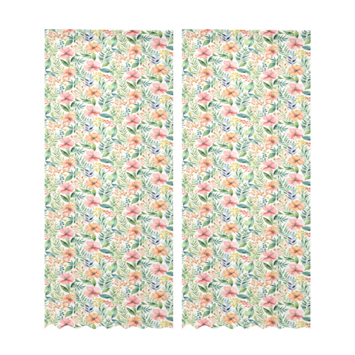 watercolor spring flowers pattern Gauze Curtain 28"x95" (Two-Piece)