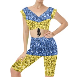 Blue yellow Ukraine flag glitter faux sparkles Women's Crop Top Yoga Set