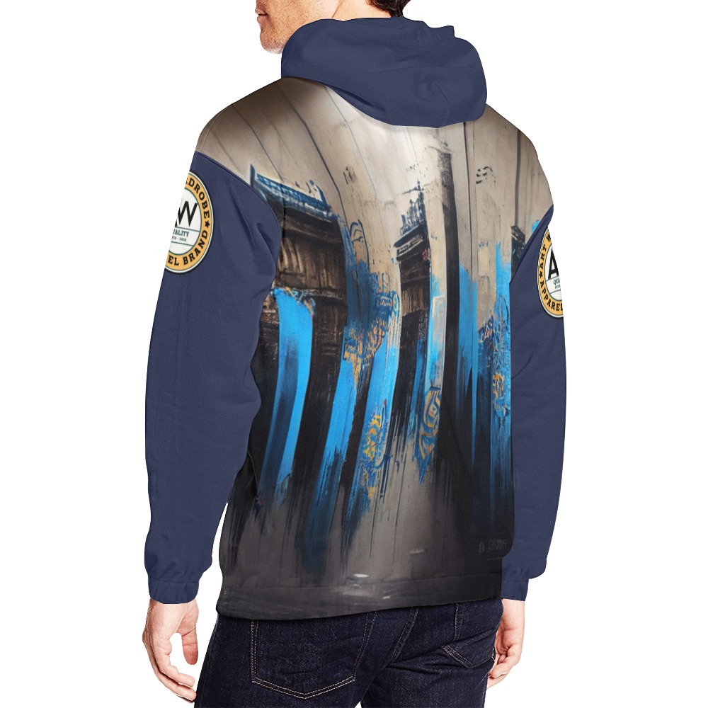 graffiti buildings, black and blue All Over Print Hoodie for Men (USA Size) (Model H13)