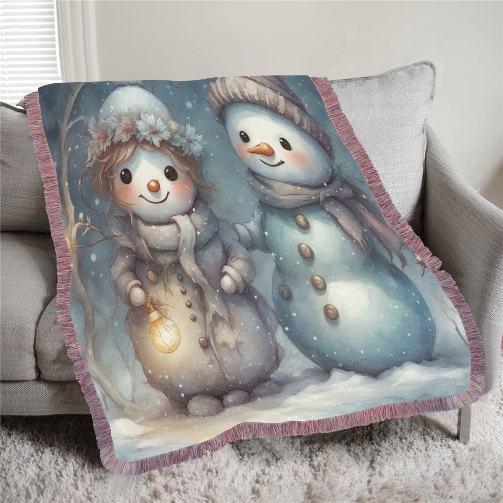 Snowman Couple Ultra-Soft Fringe Blanket 30"x40" (Mixed Pink)