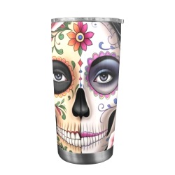 animated half sugar skull half woman framed by roses and butterflies 20oz Mobile Tumbler with Clear Slide Lid