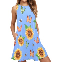 Sunflowers and Insects Sleeveless A-Line Pocket Dress (Model D57)